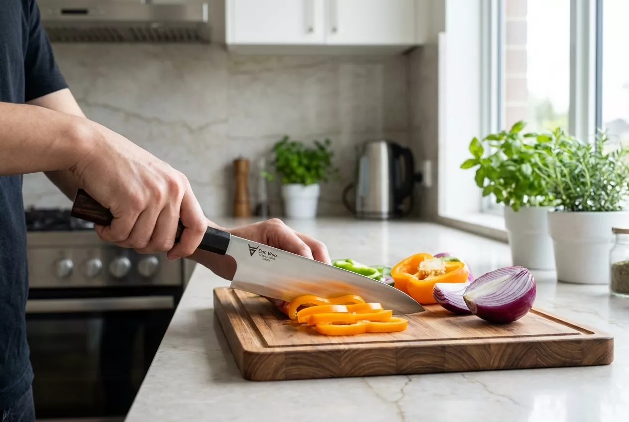 Dan Woo Tamahagane Nóż Szefa Kuchni 20cm San Mai 67 HRC z Ostrzałką