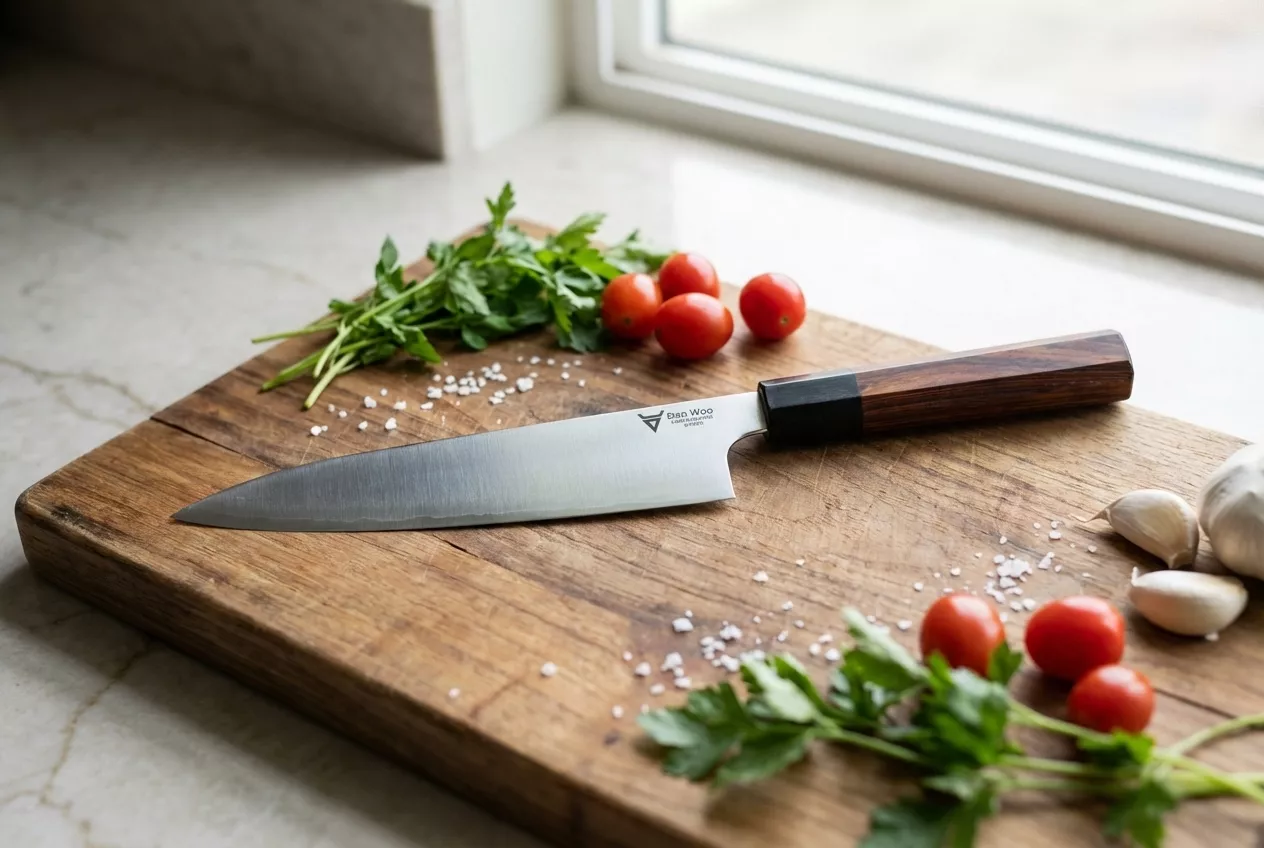 Dan Woo Tamahagane Nóż Szefa Kuchni 20cm San Mai 67 HRC z Ostrzałką