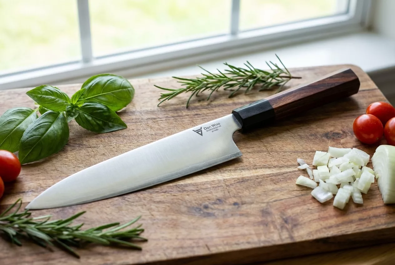Dan Woo Tamahagane Nóż Szefa Kuchni 20cm San Mai 67 HRC z Ostrzałką