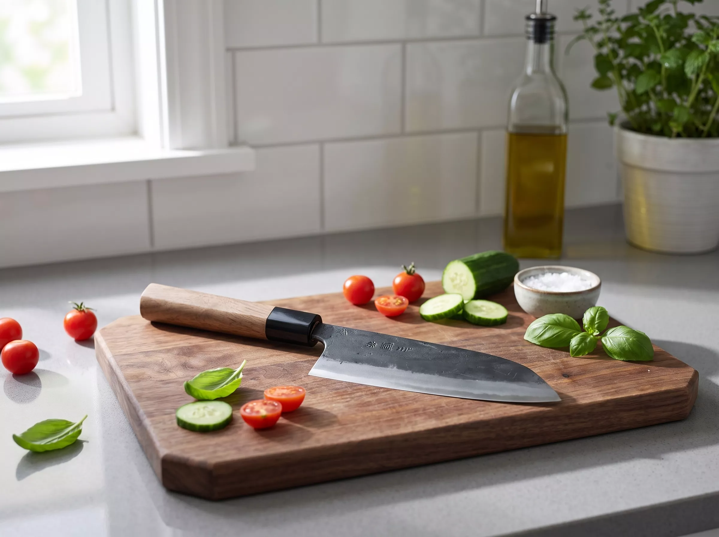 Japoński Nóż Santoku Tosa Kurouchi Aogami Super 15 cm - Drewno Orzech