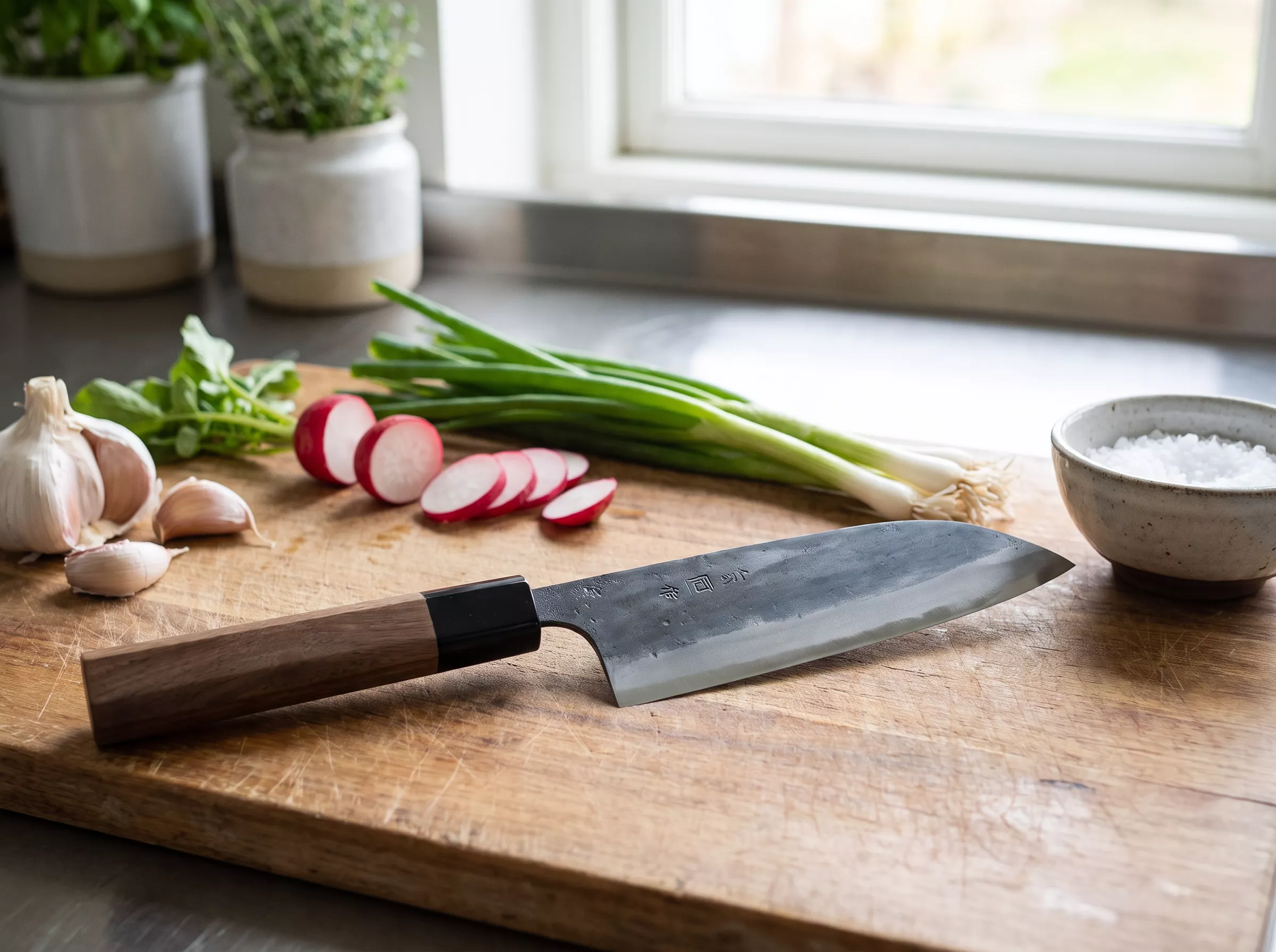 Japoński Nóż Santoku Tosa Kurouchi Aogami Super 15 cm - Drewno Orzech