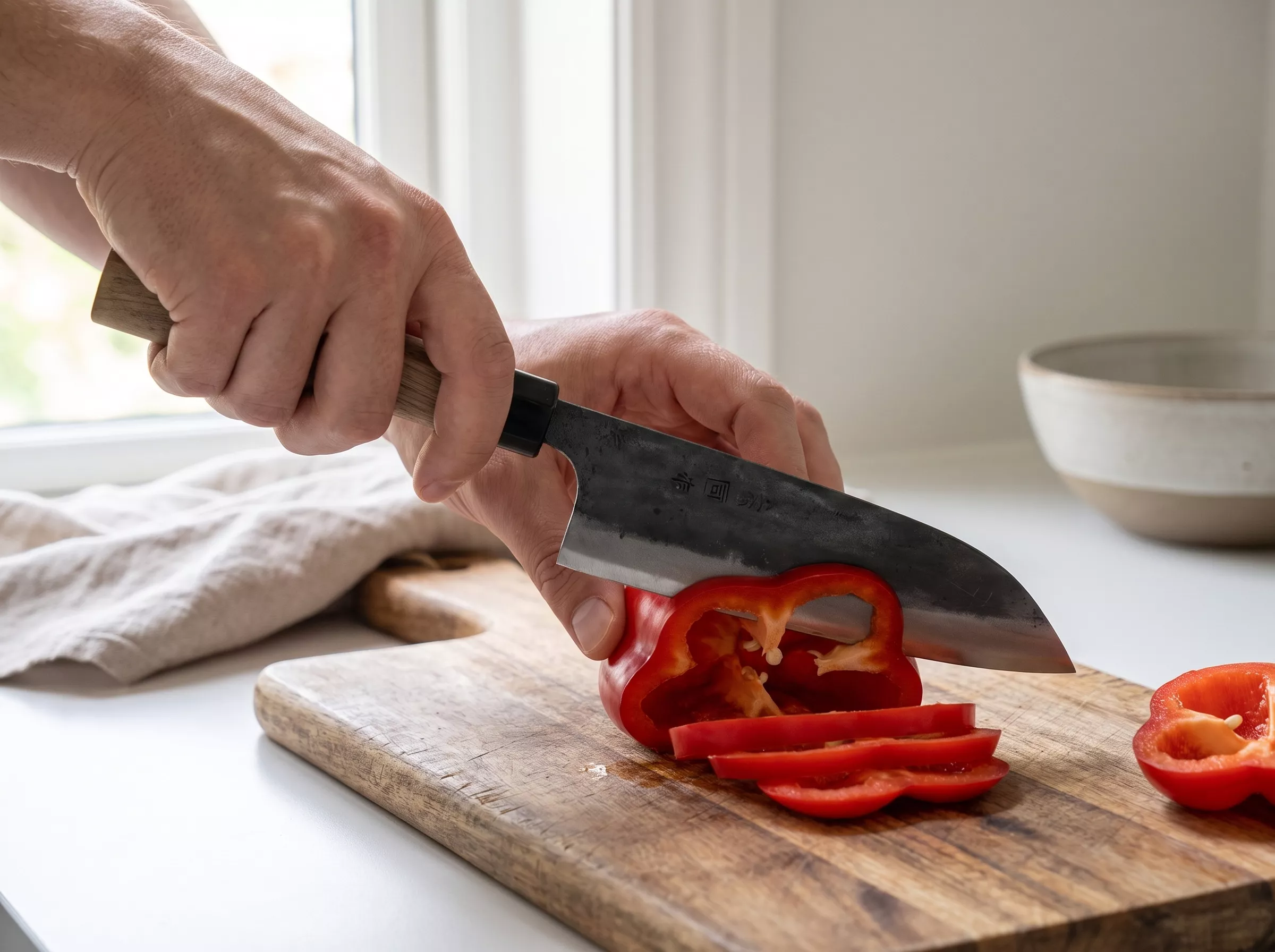 Japoński Nóż Santoku Tosa Kurouchi Aogami Super 15 cm - Drewno Orzech