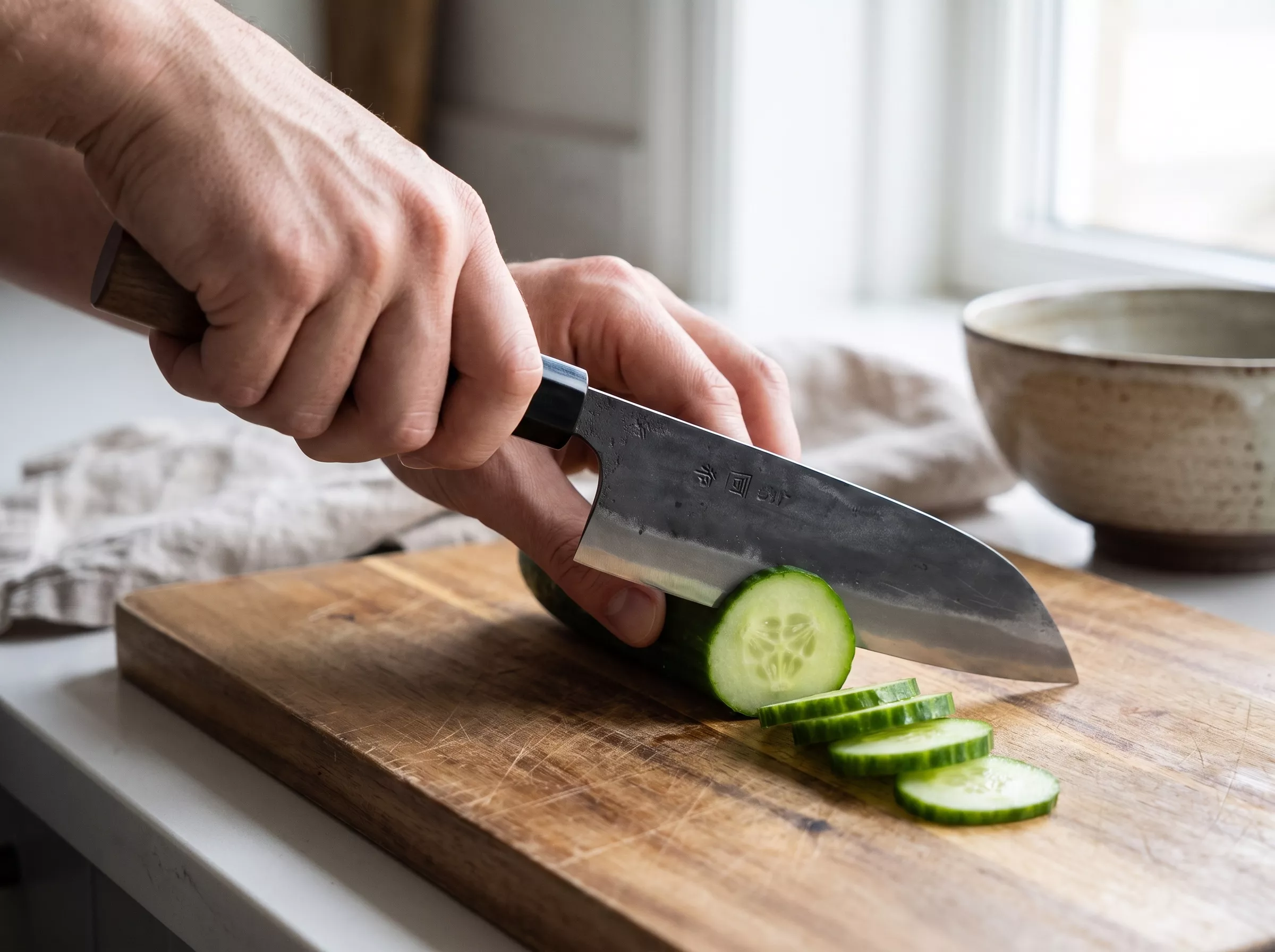 Japoński Nóż Santoku Tosa Kurouchi Aogami Super 15 cm - Drewno Orzech