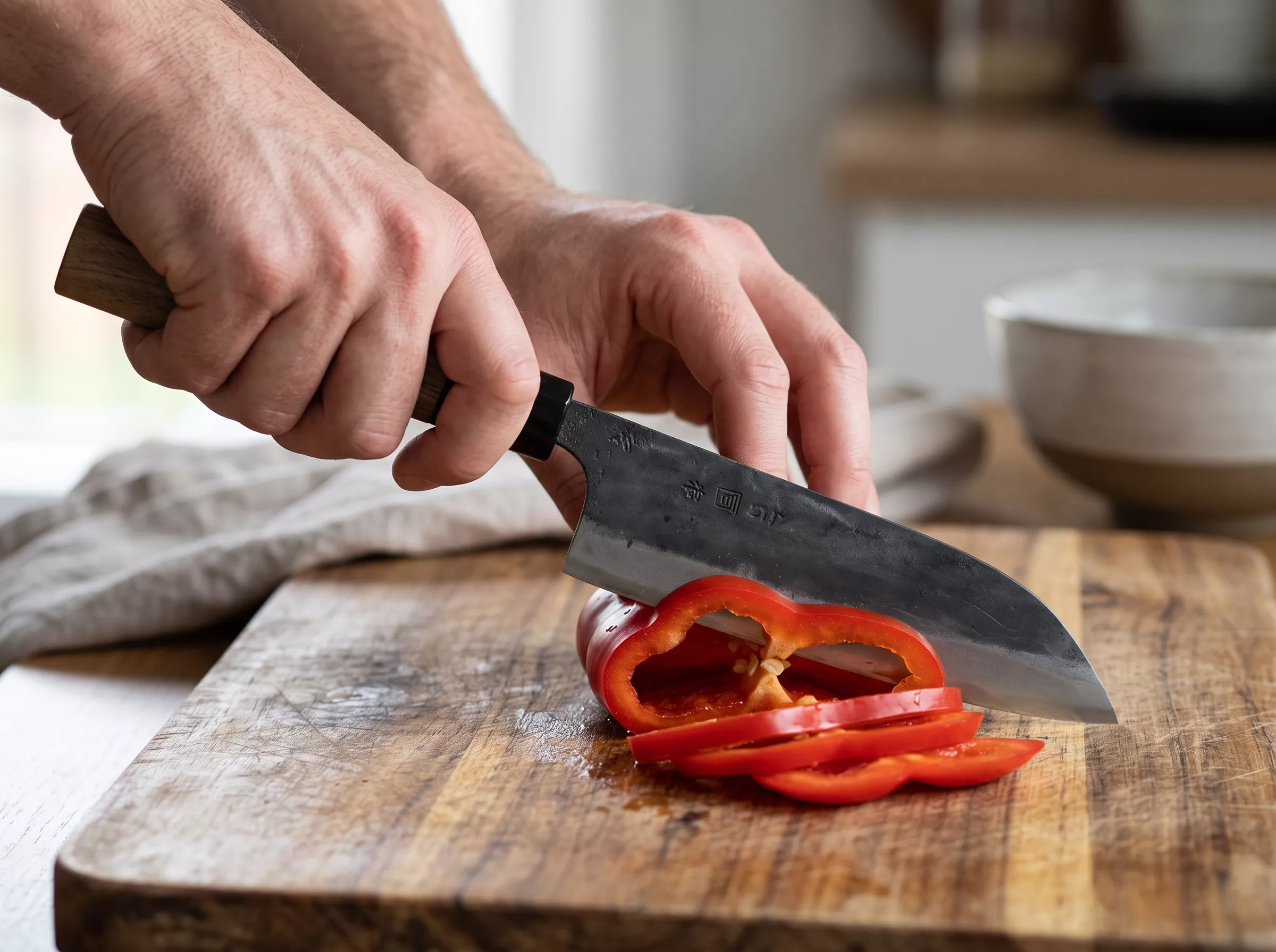 Japoński Nóż Santoku Tosa Kurouchi Aogami Super 15 cm - Drewno Orzech