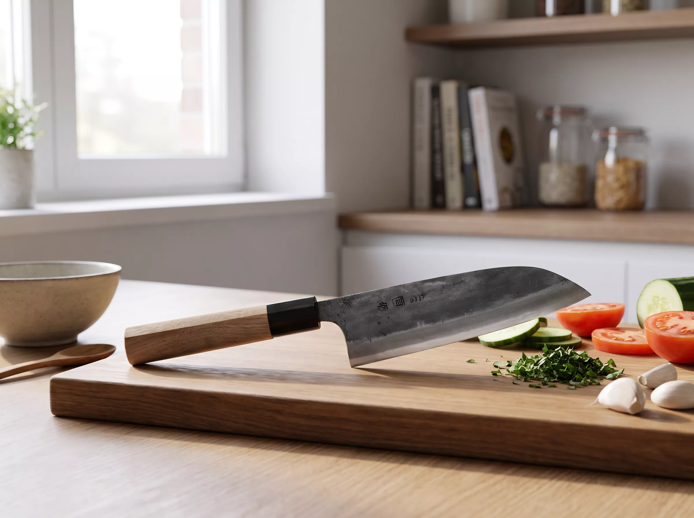 Japoński Nóż Santoku Tosa Kurouchi Aogami Super 15 cm - Drewno Orzech