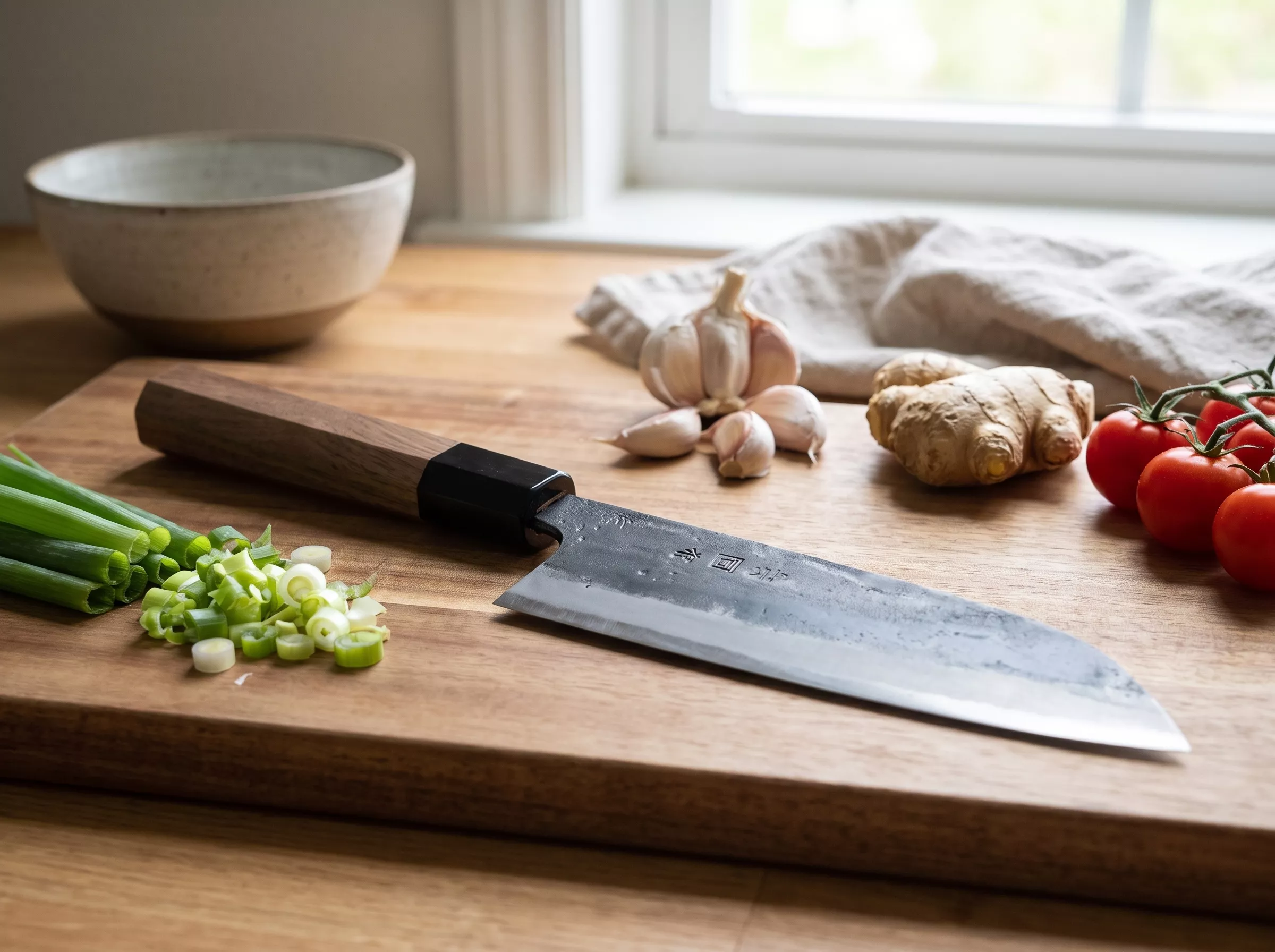 Japoński Nóż Santoku Tosa Kurouchi Aogami Super 15 cm - Drewno Orzech