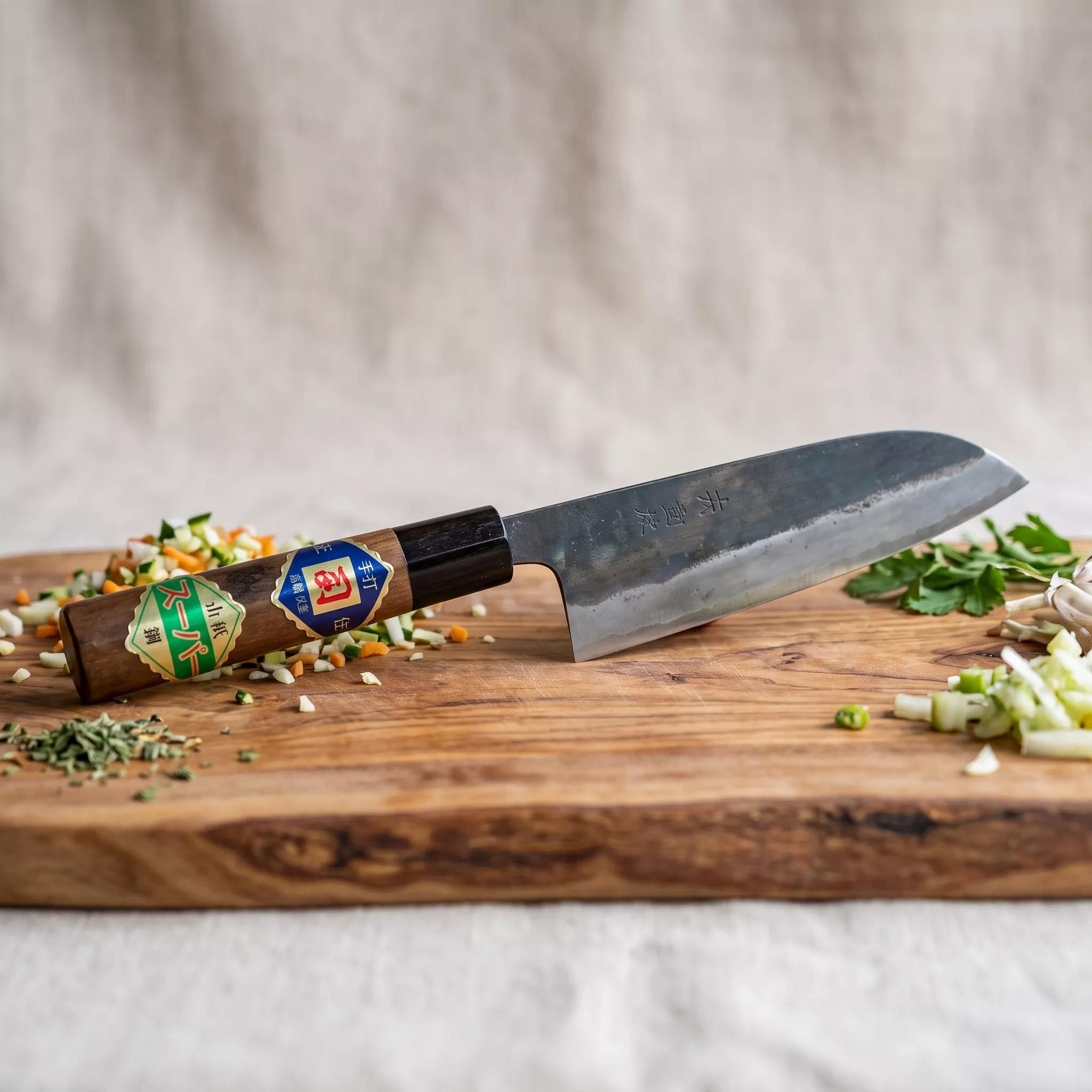 Japoński Nóż Santoku Tosa Kurouchi Aogami Super 15 cm - Drewno Orzech