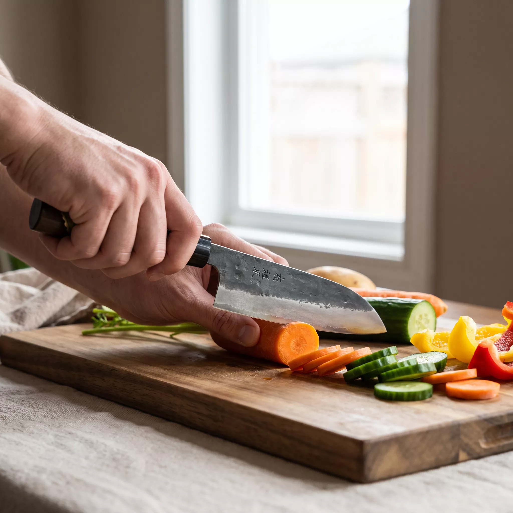 Japoński Nóż Santoku Tosa Kurouchi Aogami Super 15 cm - Drewno Orzech