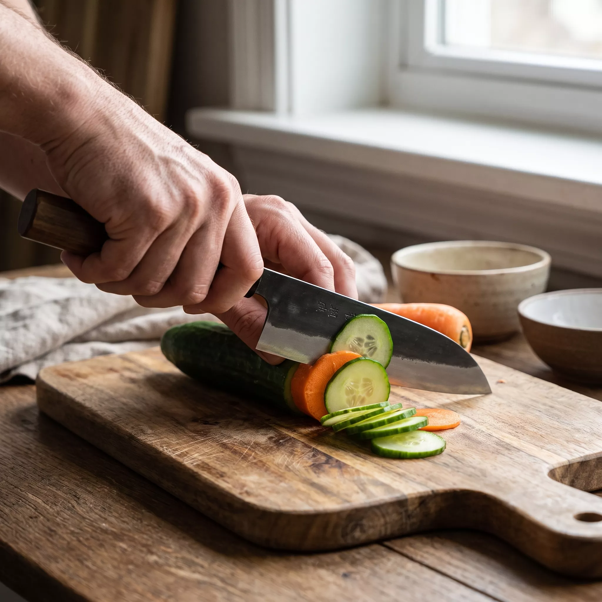 Japoński Nóż Santoku Tosa Kurouchi Aogami Super 15 cm - Drewno Orzech