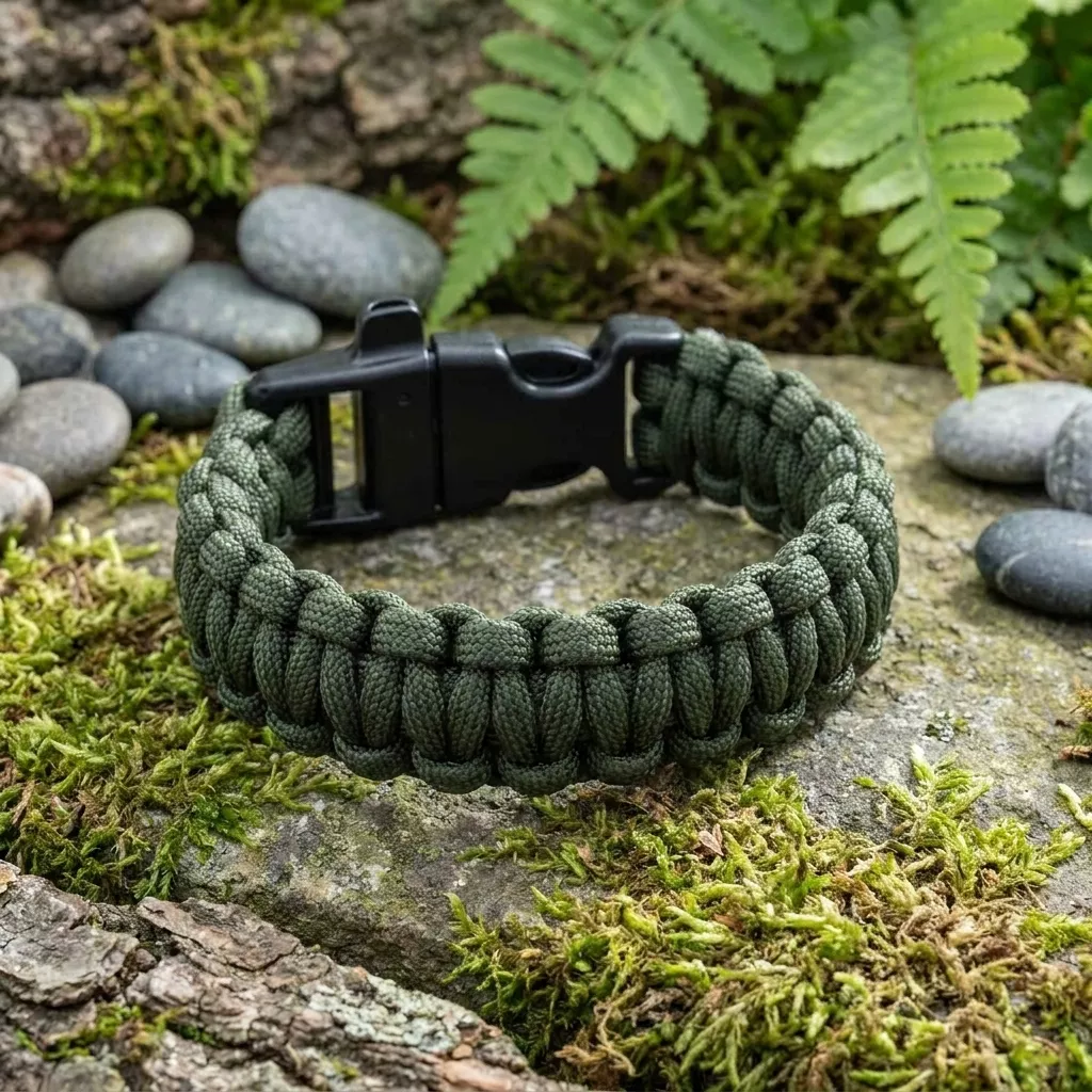 Bransoletka survivalowa paracord z gwizdkiem oliwkowa 22 cm