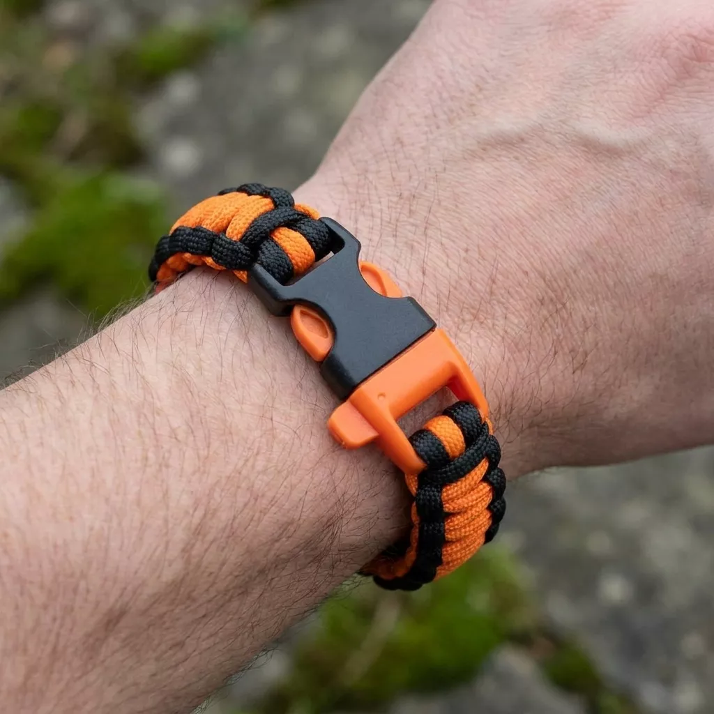 Survivalowa bransoletka paracord 22 cm z gwizdkiem pomarańczowo-czarna