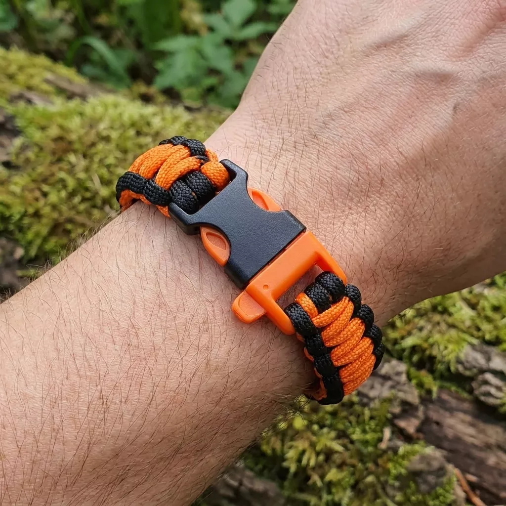 Survivalowa bransoletka paracord 22 cm z gwizdkiem pomarańczowo-czarna