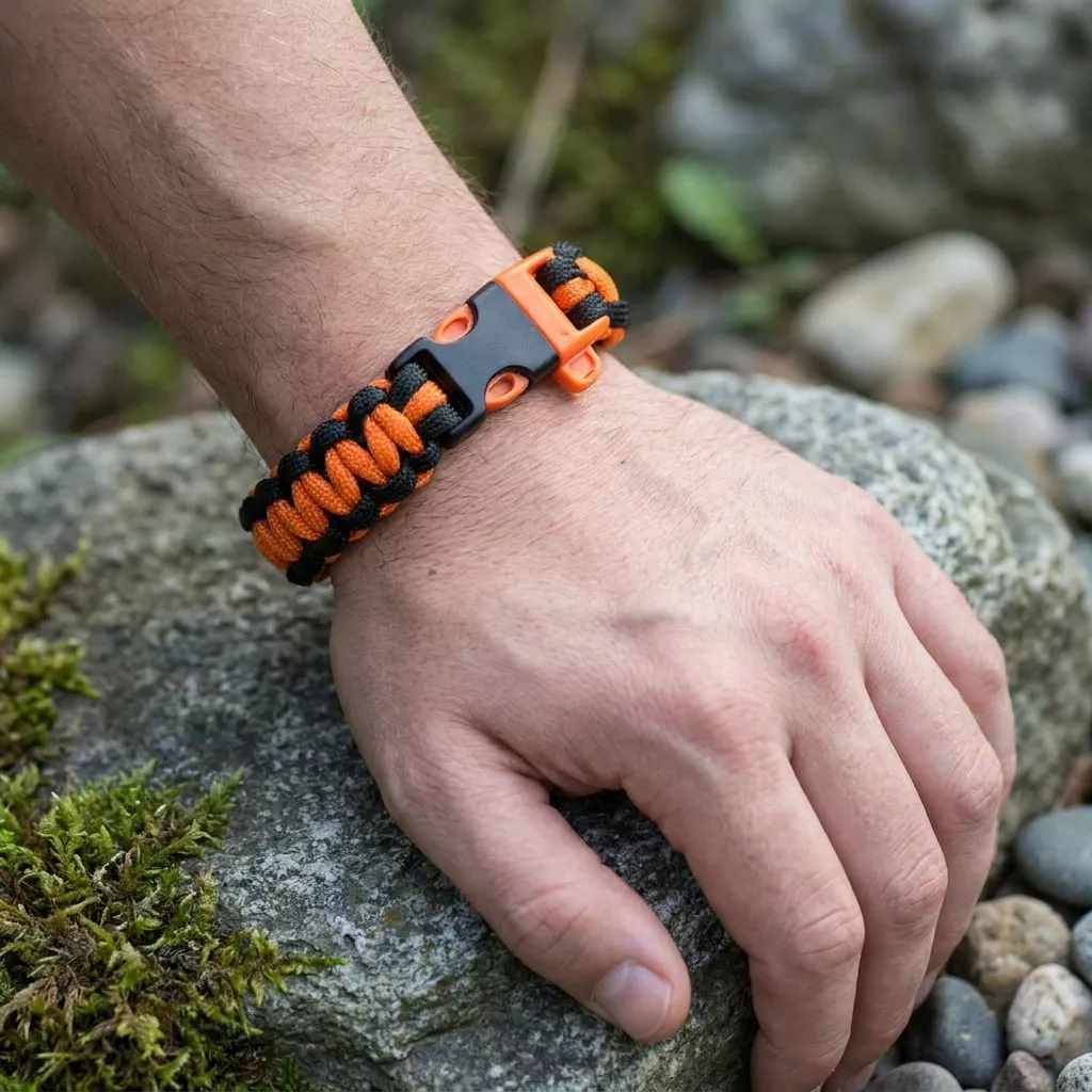 Survivalowa bransoletka paracord 22 cm z gwizdkiem pomarańczowo-czarna