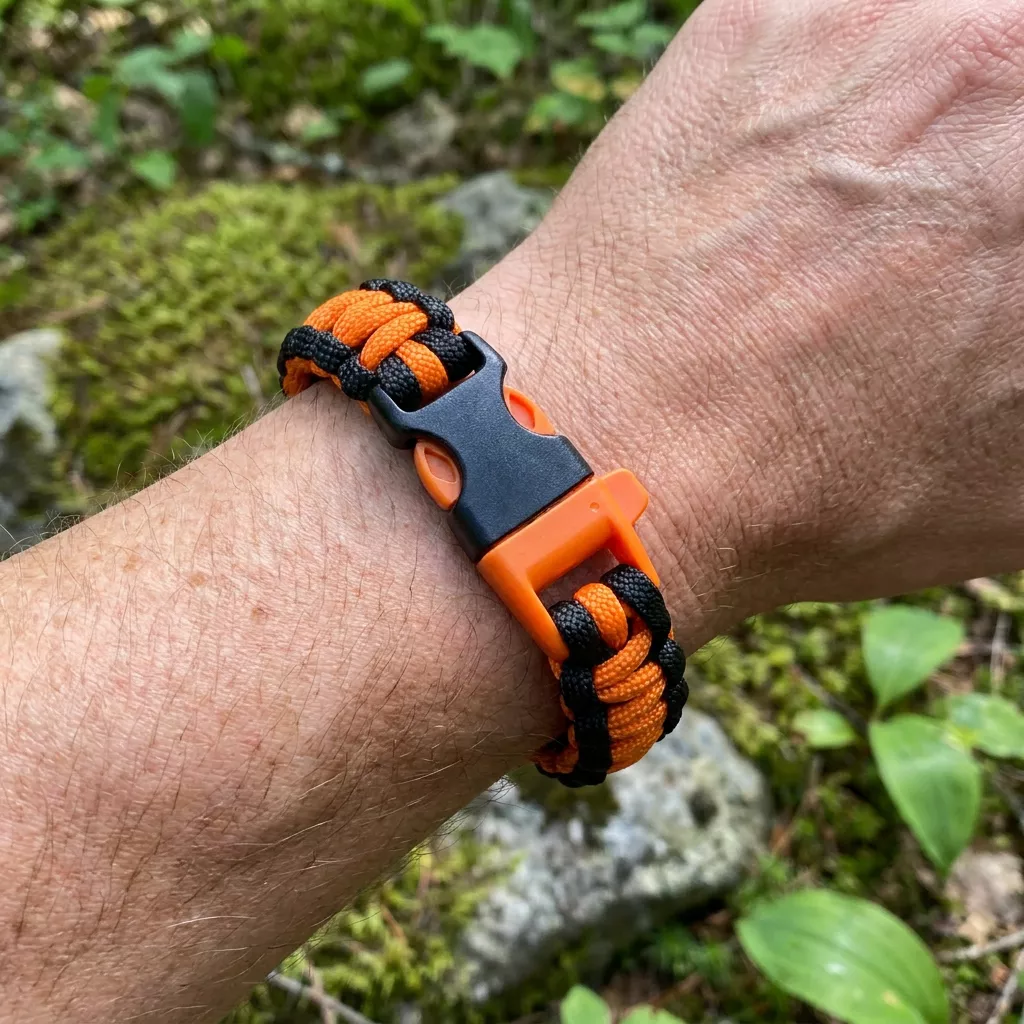 Survivalowa bransoletka paracord 22 cm z gwizdkiem pomarańczowo-czarna