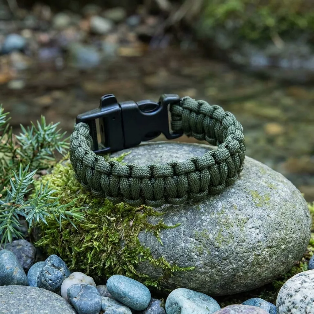 Survivalowa bransoletka paracord 3m z gwizdkiem Green Camo 22 cm