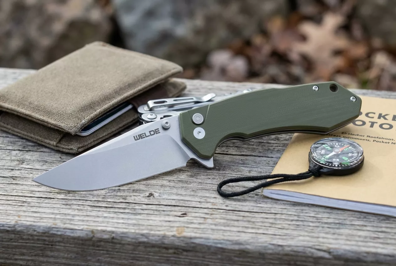 Nóż składany Welde D2F64 G10 Stal D2 9 cm Button Lock Zielony