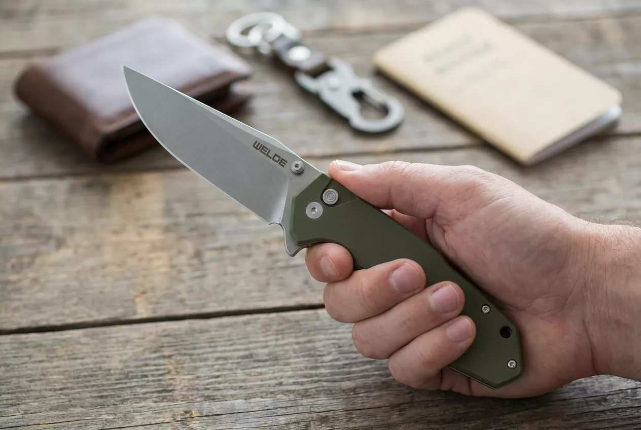 Nóż składany Welde D2F64 G10 Stal D2 9 cm Button Lock Zielony